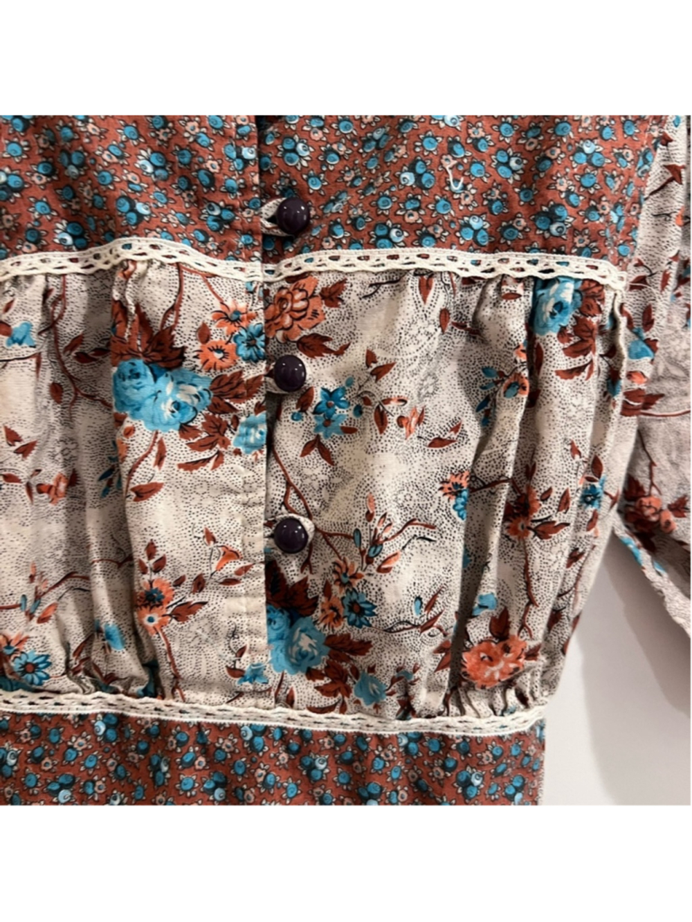 Vintage Prairie Floral Maxi Dress - Puff Sleeve Cottagecore Boho Size M Brown - Picture 3 of 8